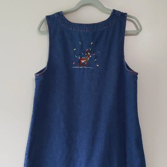 TY Original Wear VTG Denim Embroidered Sleeveless Jumper Dress Women 10 Reindeer - Picture 7 of 11